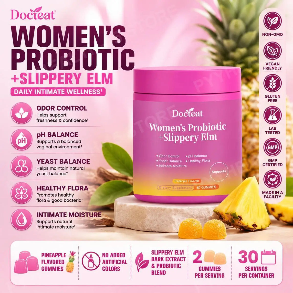 Docteat Women's Probiotic Gummies 5B CFUs – 60 Count Probiotic Gummies Qst