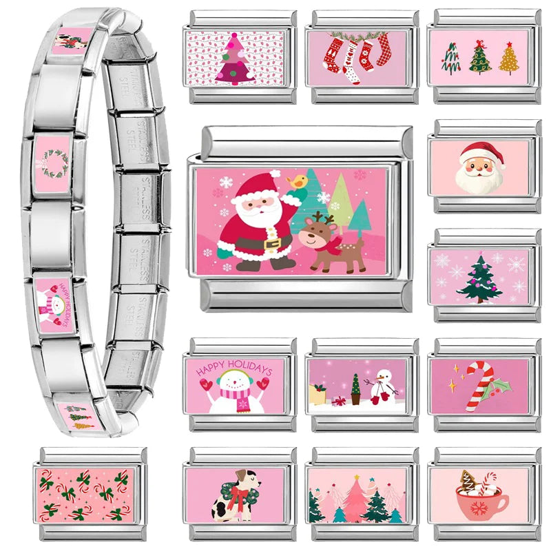 Pink Christmas Charms – Santa, Snowman, Tree, Elk & Wreath Holiday Charm Jewelry Qme