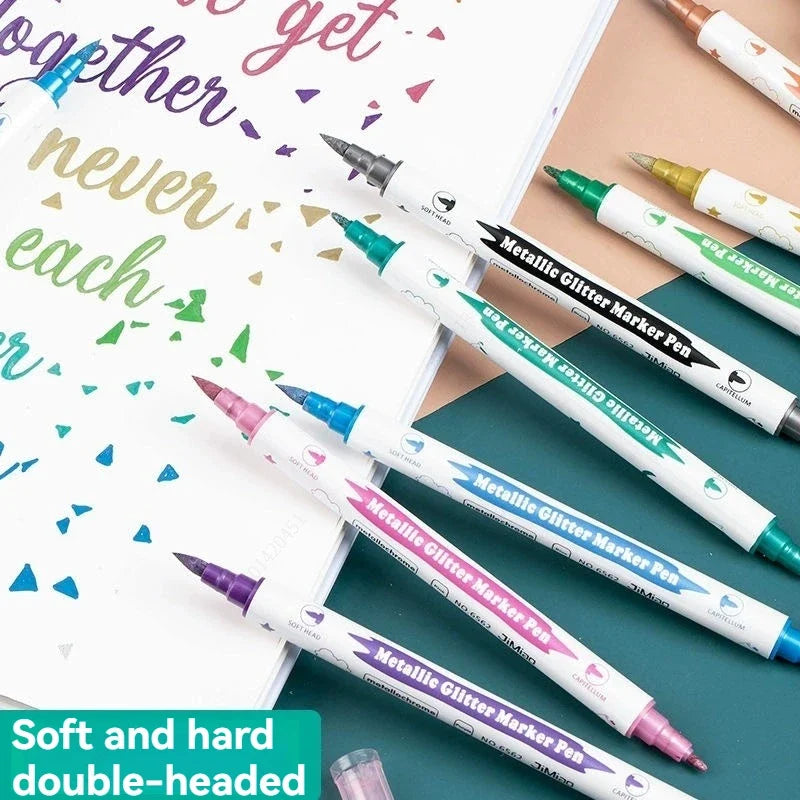 Metallic Glitter Dual Tip Marker Pens – Brush & Fine Nib Dual Tip Art Markers Qme