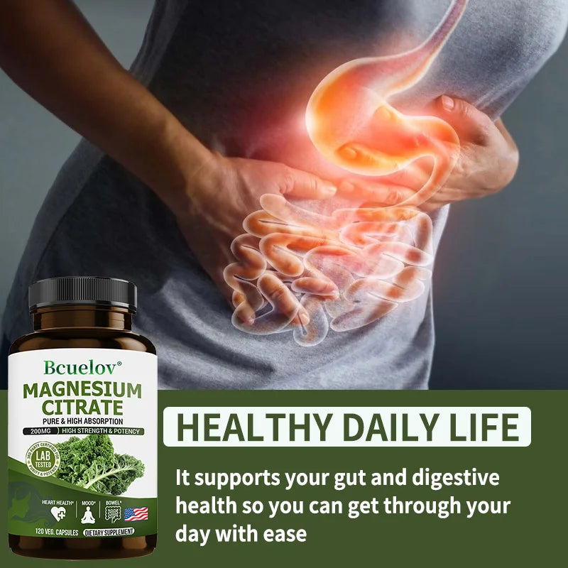 Bcuelov Magnesium Citrate 120 Caps – Non-GMO, Easy Absorption Mineral Supplement Qst