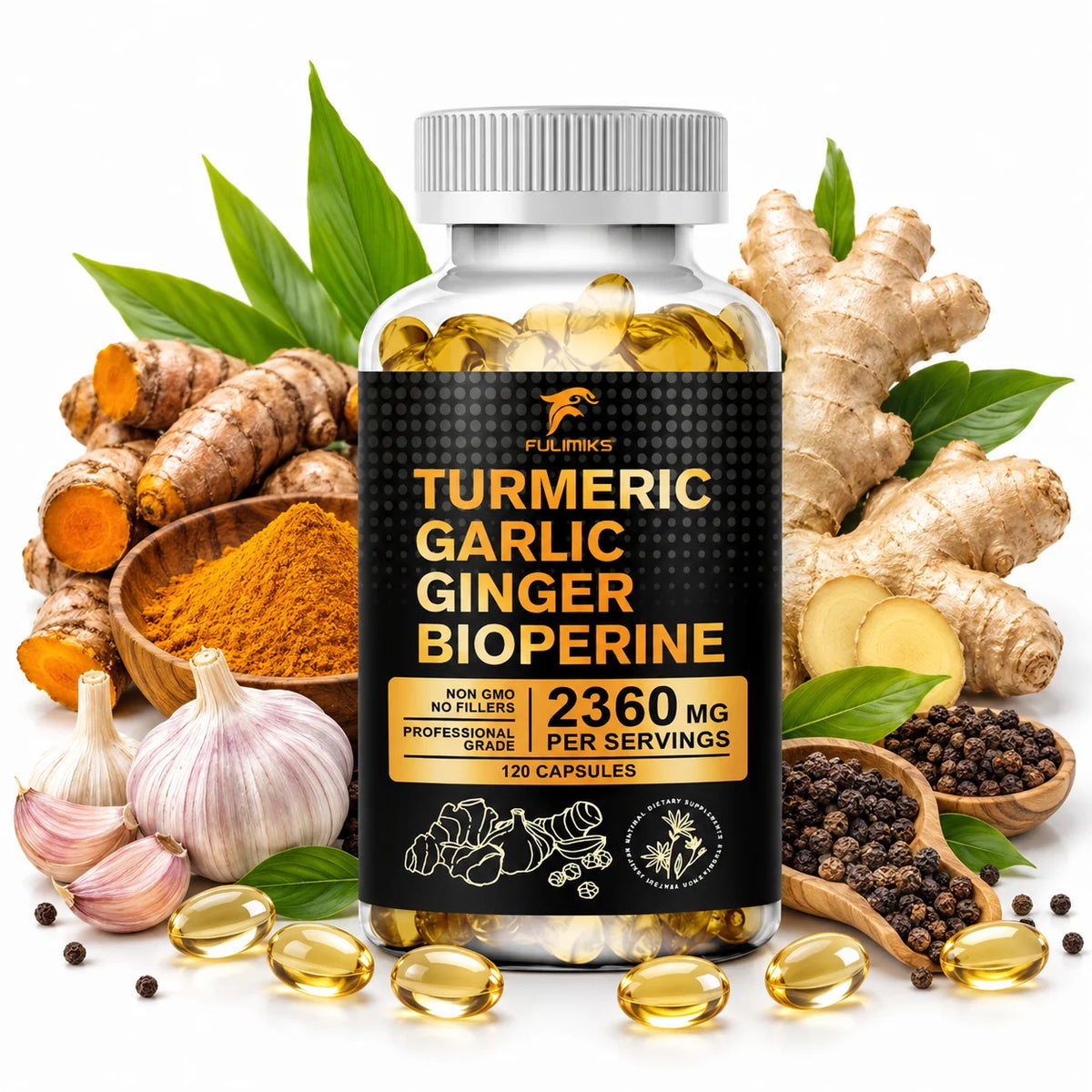 FULIMIKS Turmeric Capsules – Ginger, Garlic & Bioperine 120ct Herbal Supplement Qst
