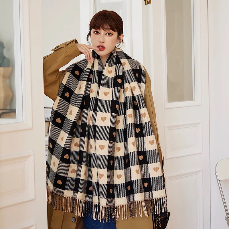 Women's Plaid Blanket Shawl Scarf – Thick Knit Winter Wrap Blanket Shawl Scarf Qst