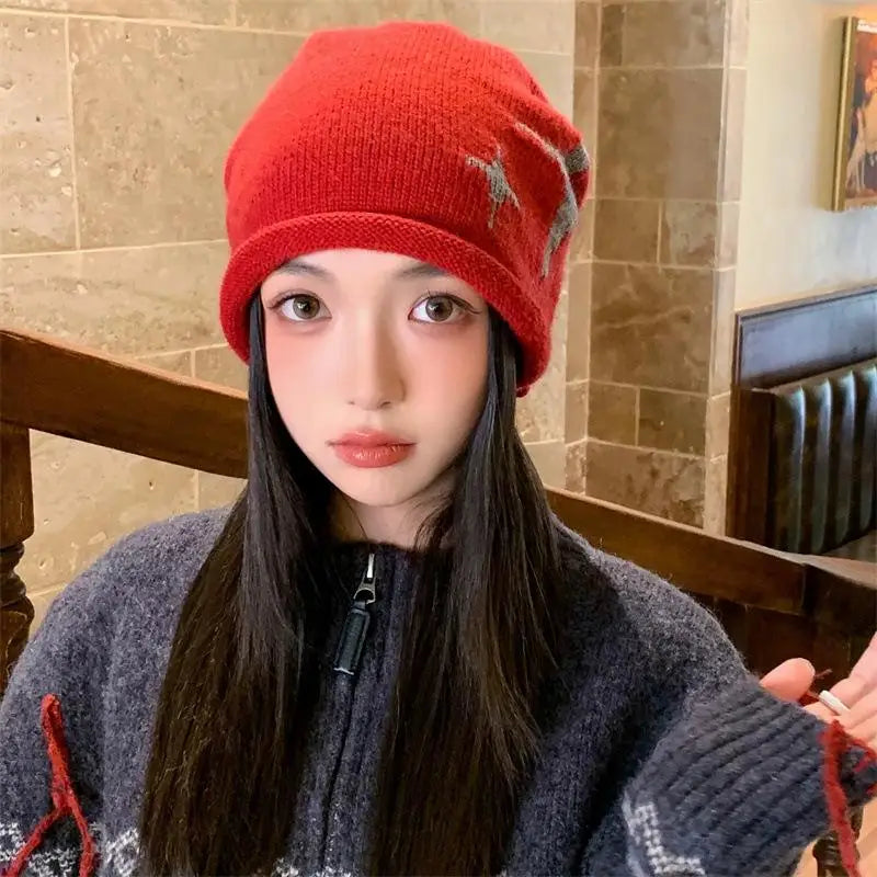 Star Pattern Drawstring Knit Beanie – Women's Winter Hat Knit Beanie Hat Qst