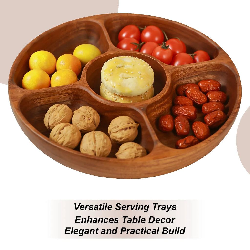 Round 5-Compartment Wooden Serving Platter Tray for Parties Serving Platter Tray Qme