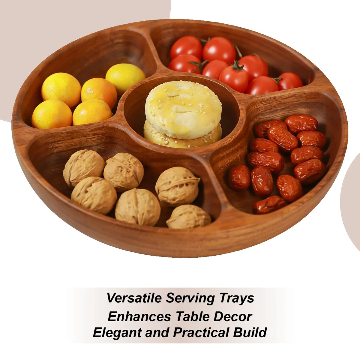 Round 5-Compartment Wooden Serving Platter Tray for Parties Serving Platter Tray Qme