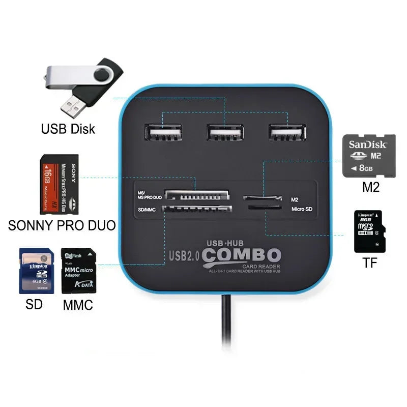 USB 2.0 Hub 3-Port with Card Reader Mini Combo Splitter USB Hub & Card Reader Qme
