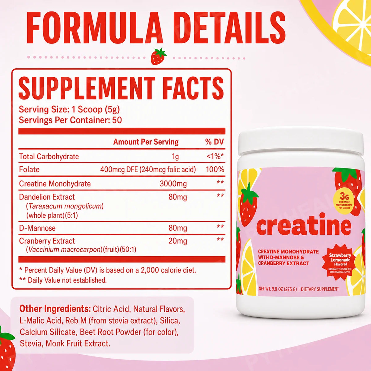 Women's Creatine Powder 275g – Monohydrate, Dandelion & Cranberry Creatine Supplement Qst