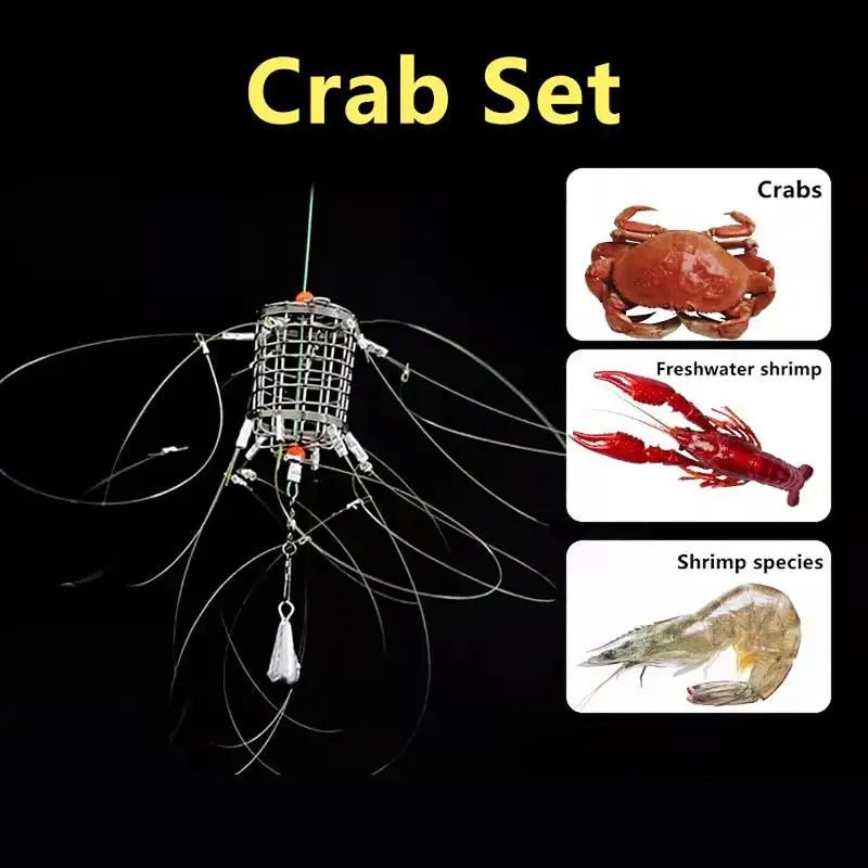 Stainless Steel Crab Trap Net – 12-Loop Fish Cage with Lines Fishing Trap Net Qst