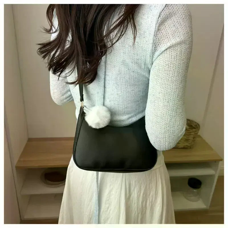 Small Square Shoulder Bag with Pom-Pom Charm | 6 Colors Mini Shoulder Bag Qme