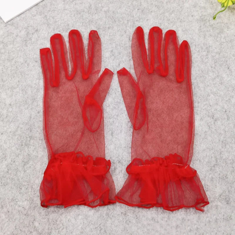 Women's Black Lace Gloves – Sheer Tulle Wedding & Bridal Lace Fashion Gloves Qme Red One Size