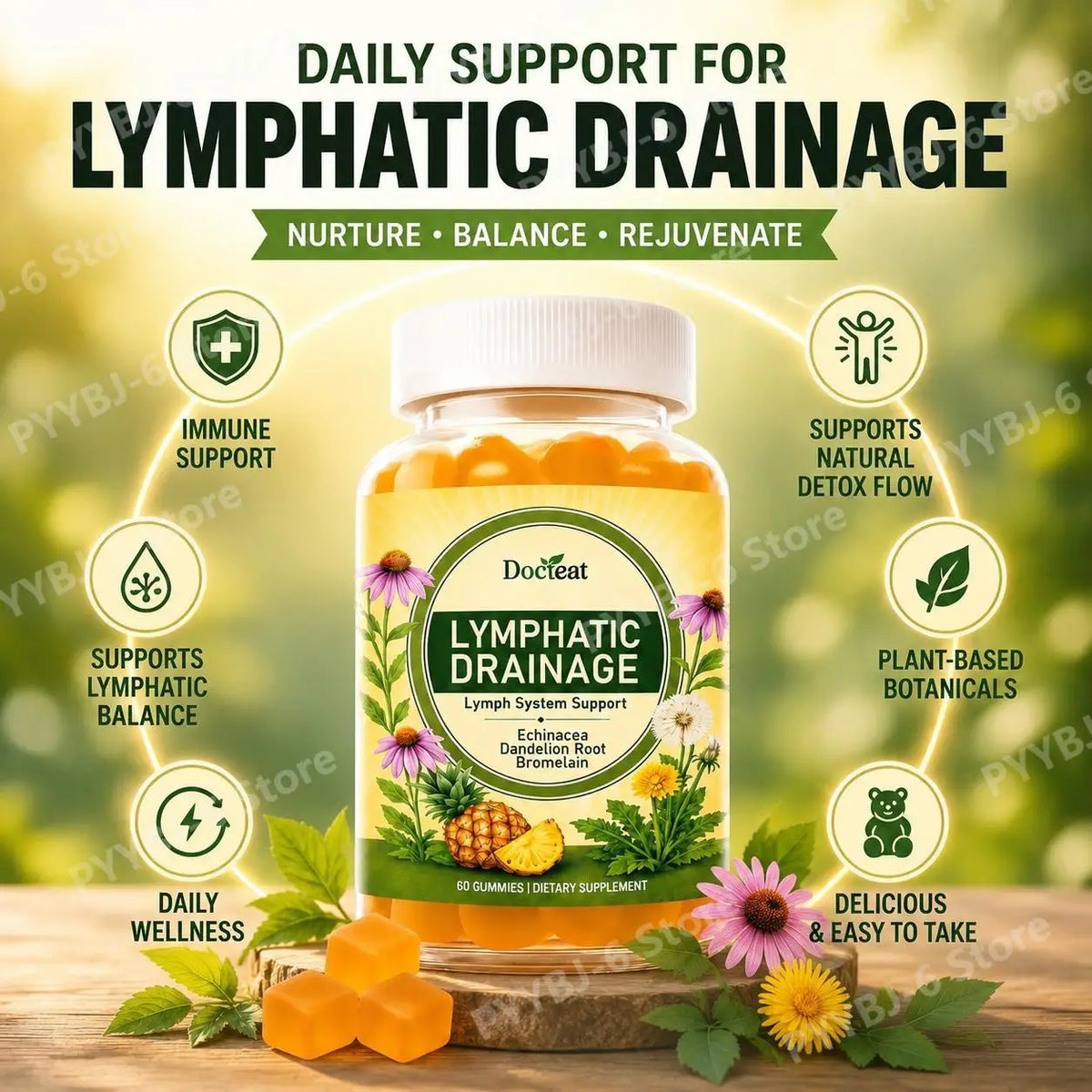 Docteat Lymphatic Gummies – Echinacea, Dandelion & Bromelain 60ct Herbal Supplement Gummies Qst