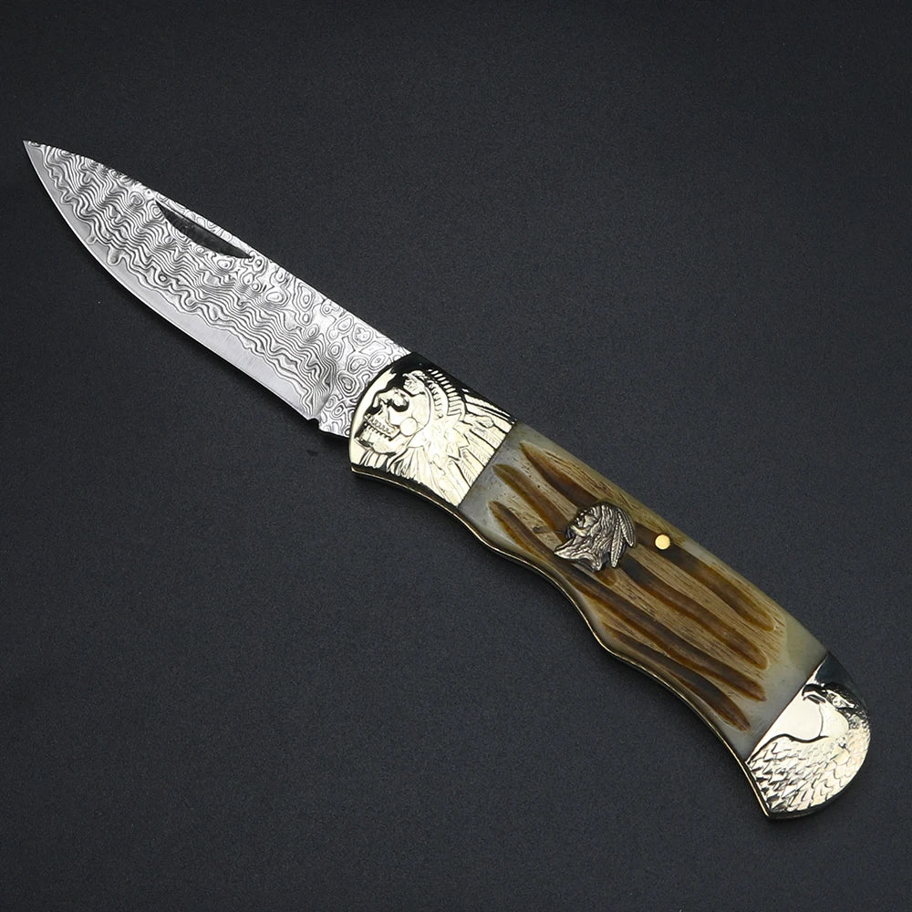 VG-10 Damascus Folding Knife – Cow Bone Handle Pocket Knife Folding Pocket Knife Qst