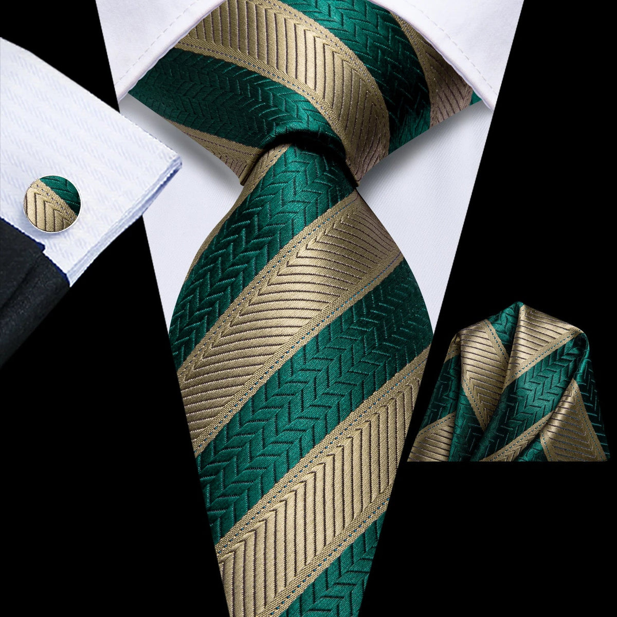 Hi-Tie 100% Silk Black Gold Jacquard Wedding Necktie Set Silk Necktie Set Qme LDSN3934