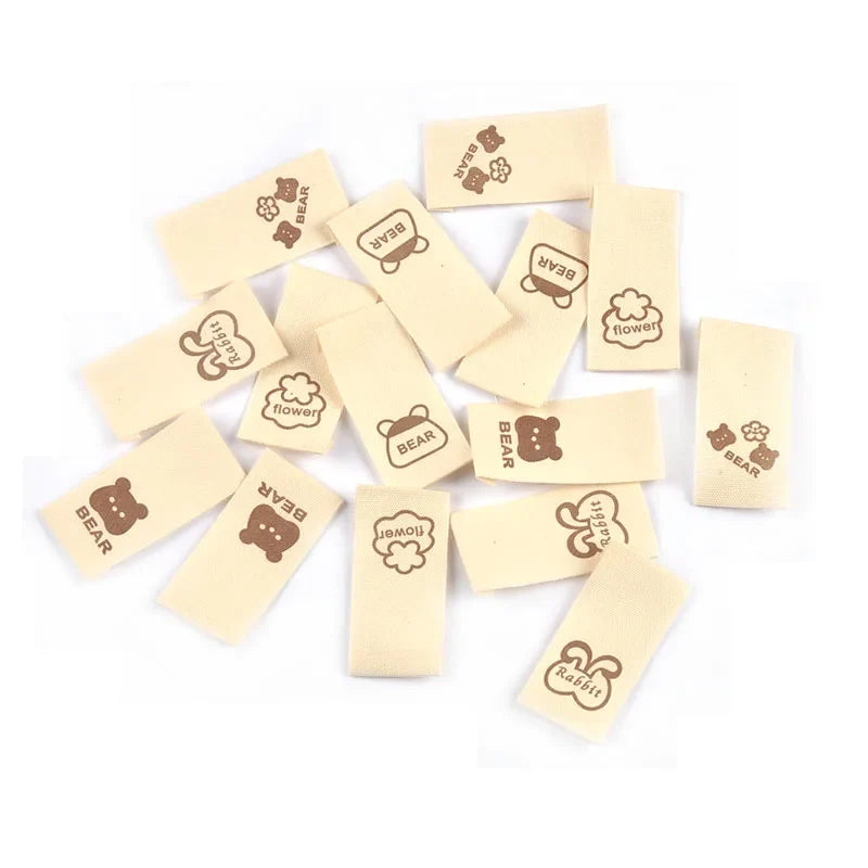 20x40mm Bear Rabbit Printed Beige Cloth Labels 50pcs – DIY Craft Fabric Craft Labels Qme