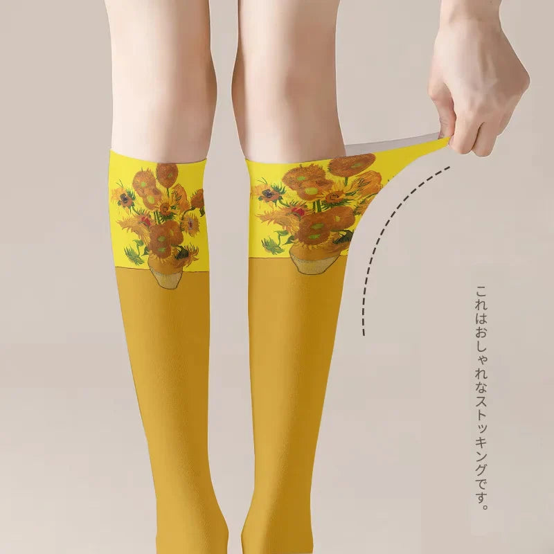 Van Gogh Sunflower Art Print Women's Stockings – 15 Colors Novelty Print Stockings Qme