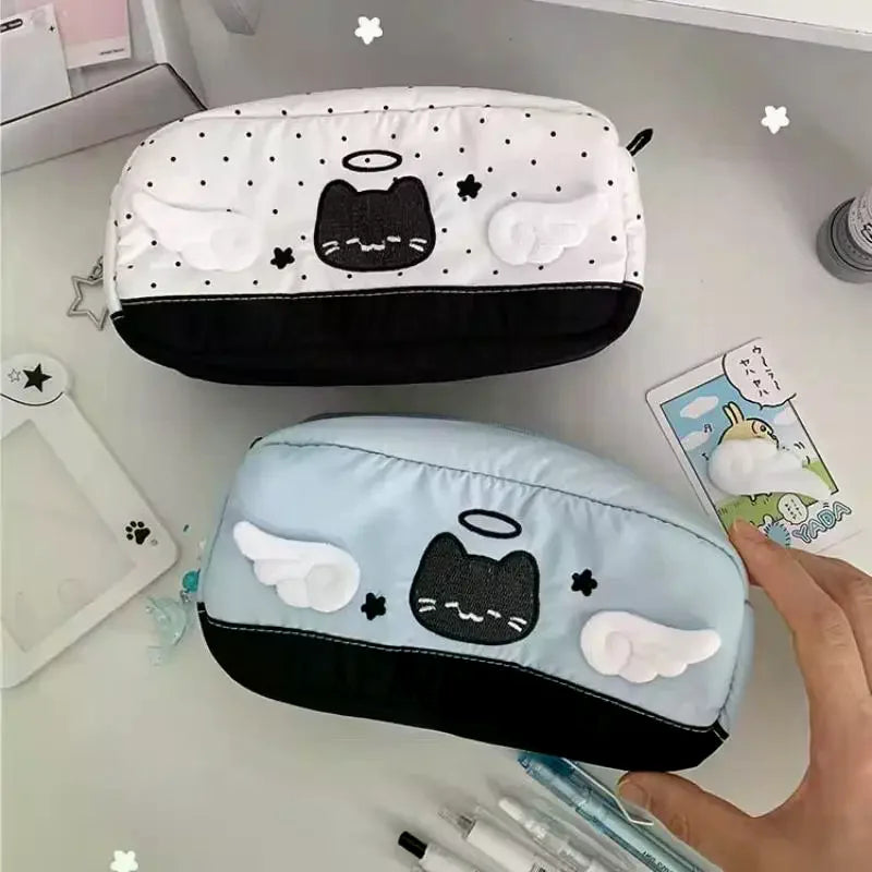 Cute Angel Cat Pencil Case – Student Stationery Storage Bag Pencil Case Qme