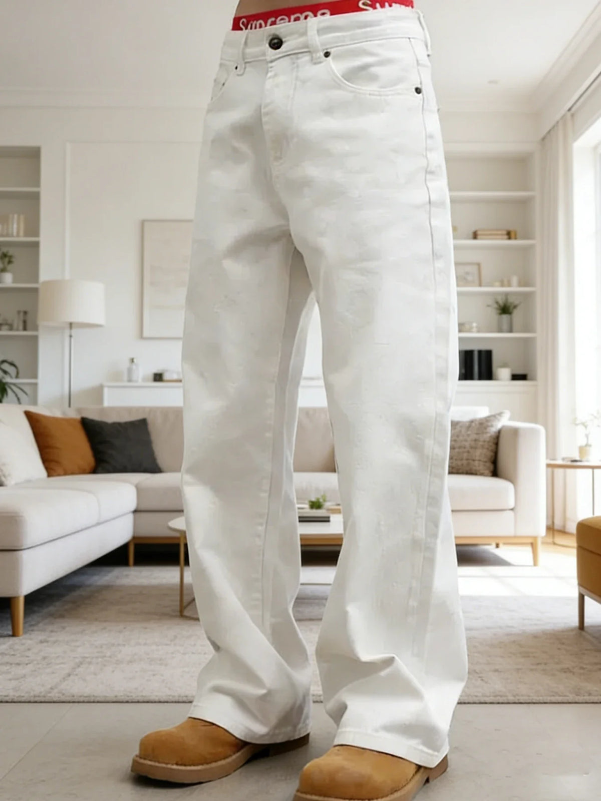 Men's Pure White Loose Wide-Leg Cotton Jeans | Relaxed Fit Wide-Leg Jeans Qme White M