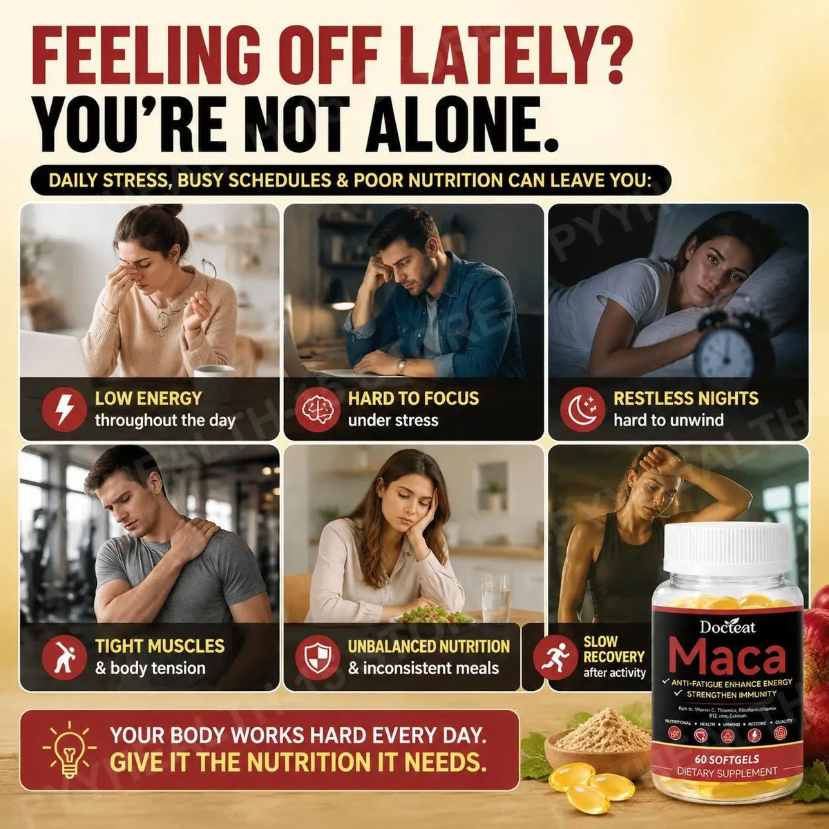 Docteat Maca Root Extract Softgels – Vitamins C B1 B2 B12, 60ct Wellness Supplement Qst