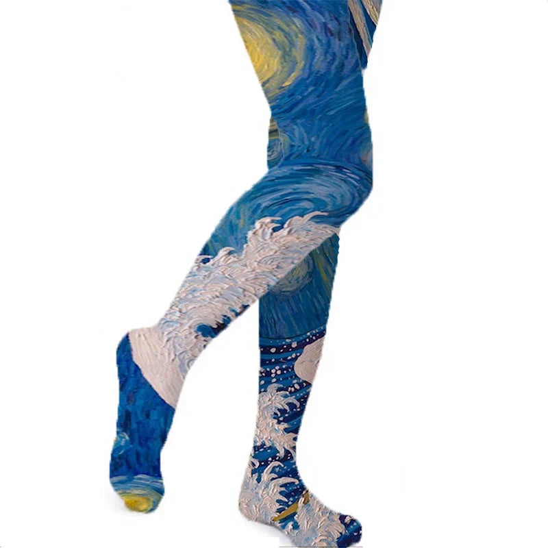 Van Gogh Art Print Thigh High Stockings – Starry Sky & Sunflower Thigh High Stockings Qme