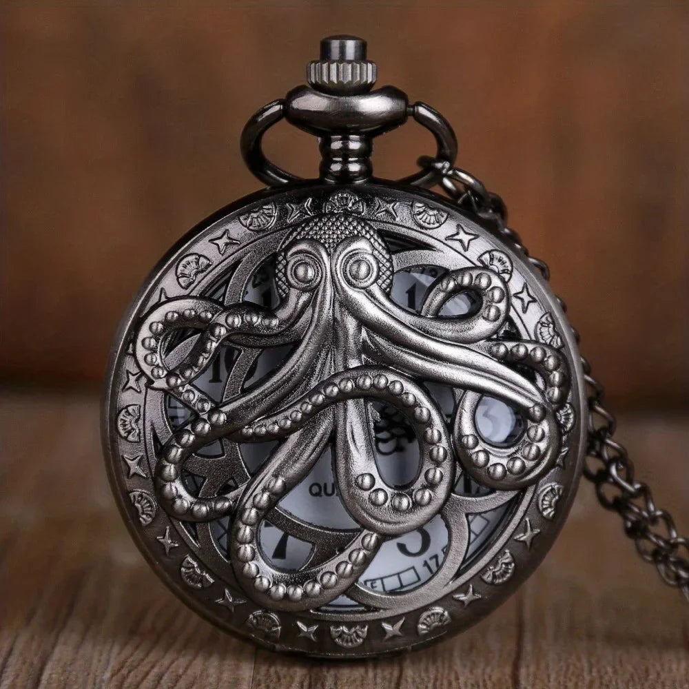 Antique Octopus Steampunk Hollow Semi-Hunter Quartz Pocket Watch Steampunk Pocket Watch Qme black