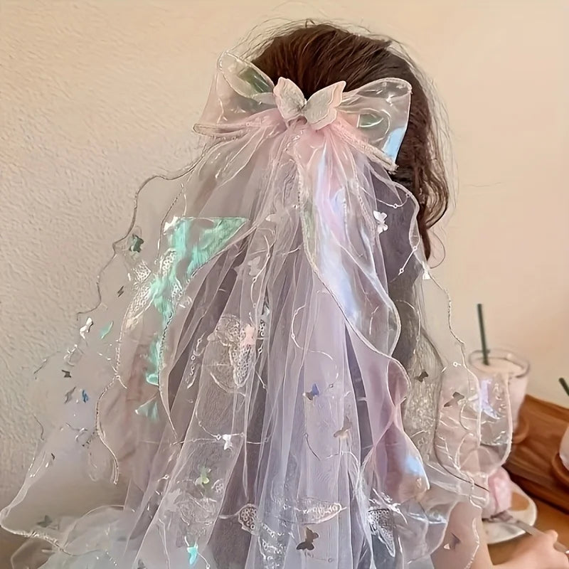 Iridescent Butterfly Hair Clip with Veil & Sequins | Qme Hair Clip Qme