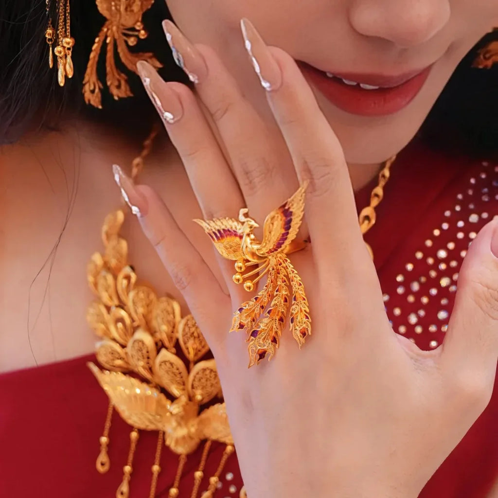 Retro Sand Gold Phoenix Enamel Statement Ring | Palace Style Statement Ring Qme