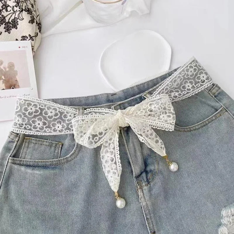 Sweet Lace Pearl Waist Chain Belt – Elegant Dress Accessory Decorative Waist Belt Qst