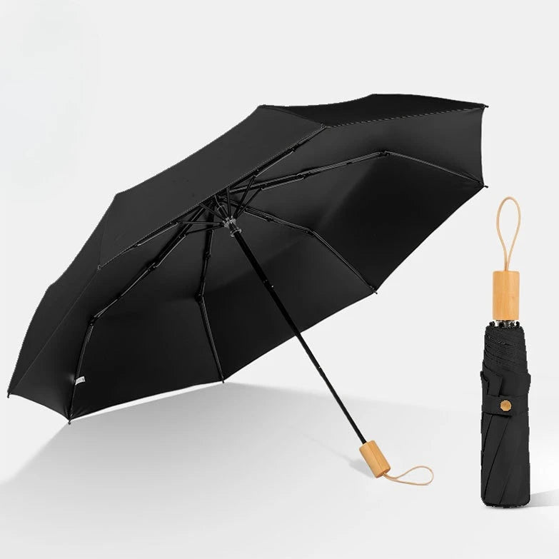 Portable Travel Umbrella UPF50+ Wood Handle Wind Resistant Compact Travel Umbrella Qst Solid Wood 8K Black