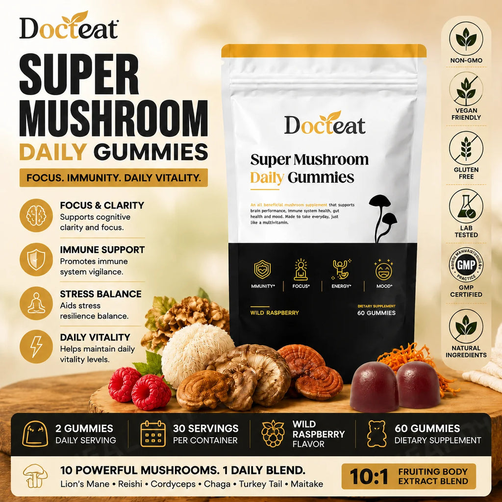 Docteat Super Mushroom Gummies 10:1 Fruiting Body Blend 60ct Mushroom Supplement Gummies Qst