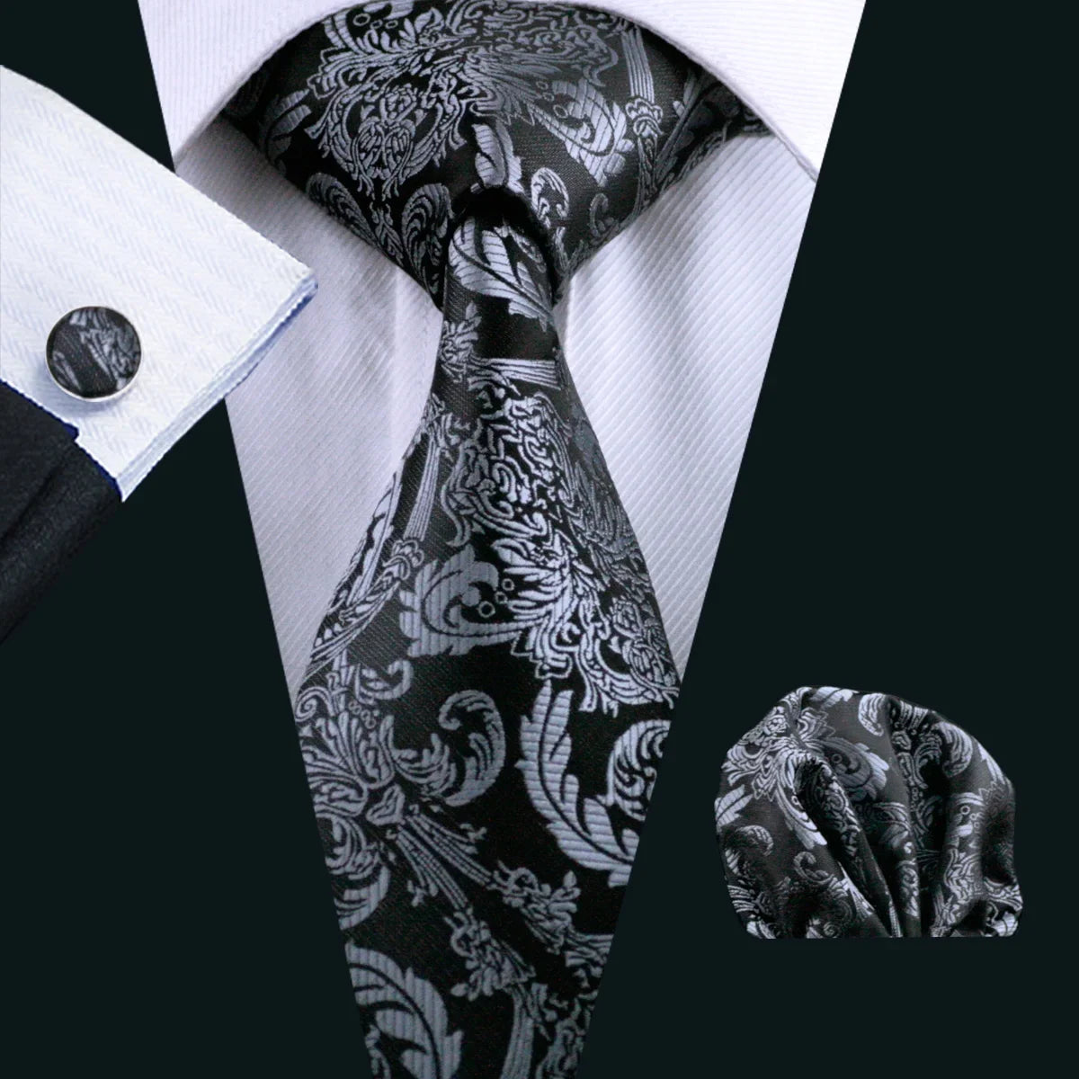 Barry Wang Black Geometric Silk Necktie & Handkerchief Set Necktie & Handkerchief Set Qme 0822