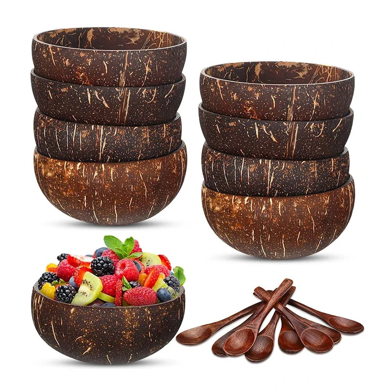Natural Coconut Shell Bowl & Wooden Spoon Set | Polished Coconut Shell Bowl Set Qme