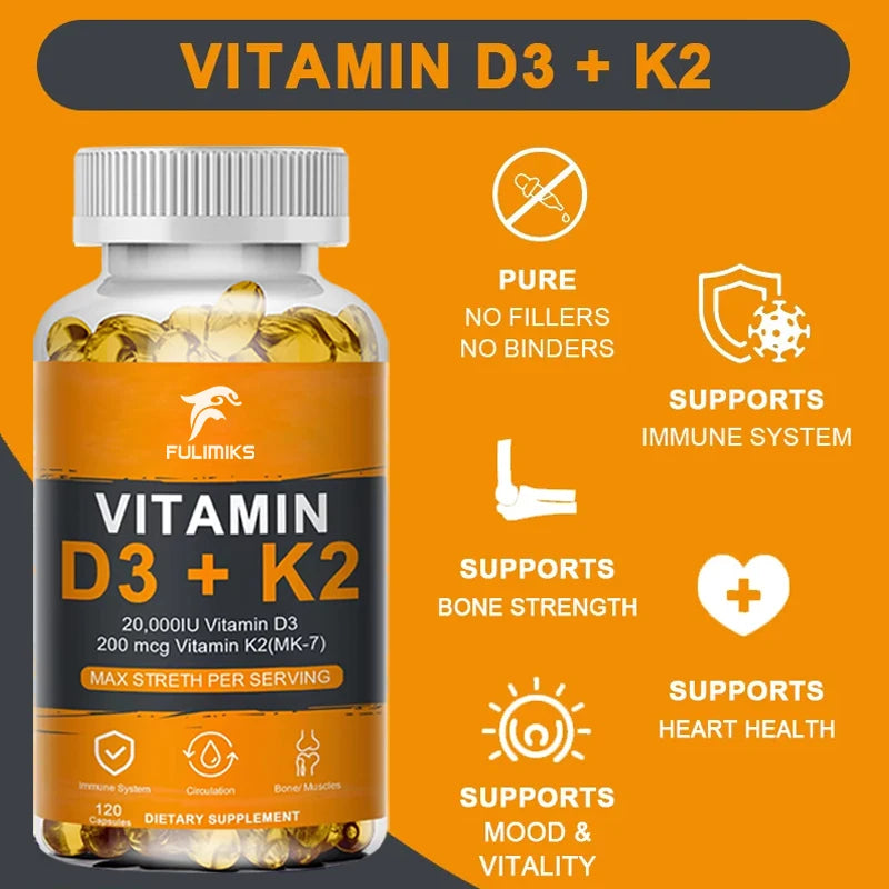 Vitamin D3 K2 Capsules 20,000 IU – Bone & Heart Support Vitamin Supplement Qst