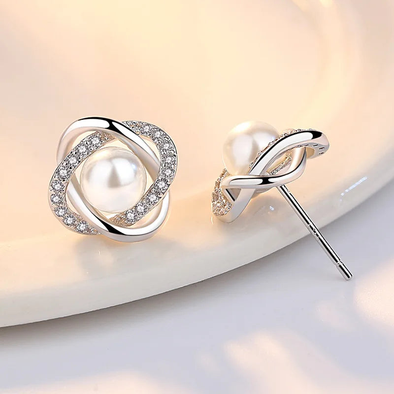 925 Sterling Silver Pearl Crystal Stud Earrings for Women Pearl Crystal Stud Earrings Qme