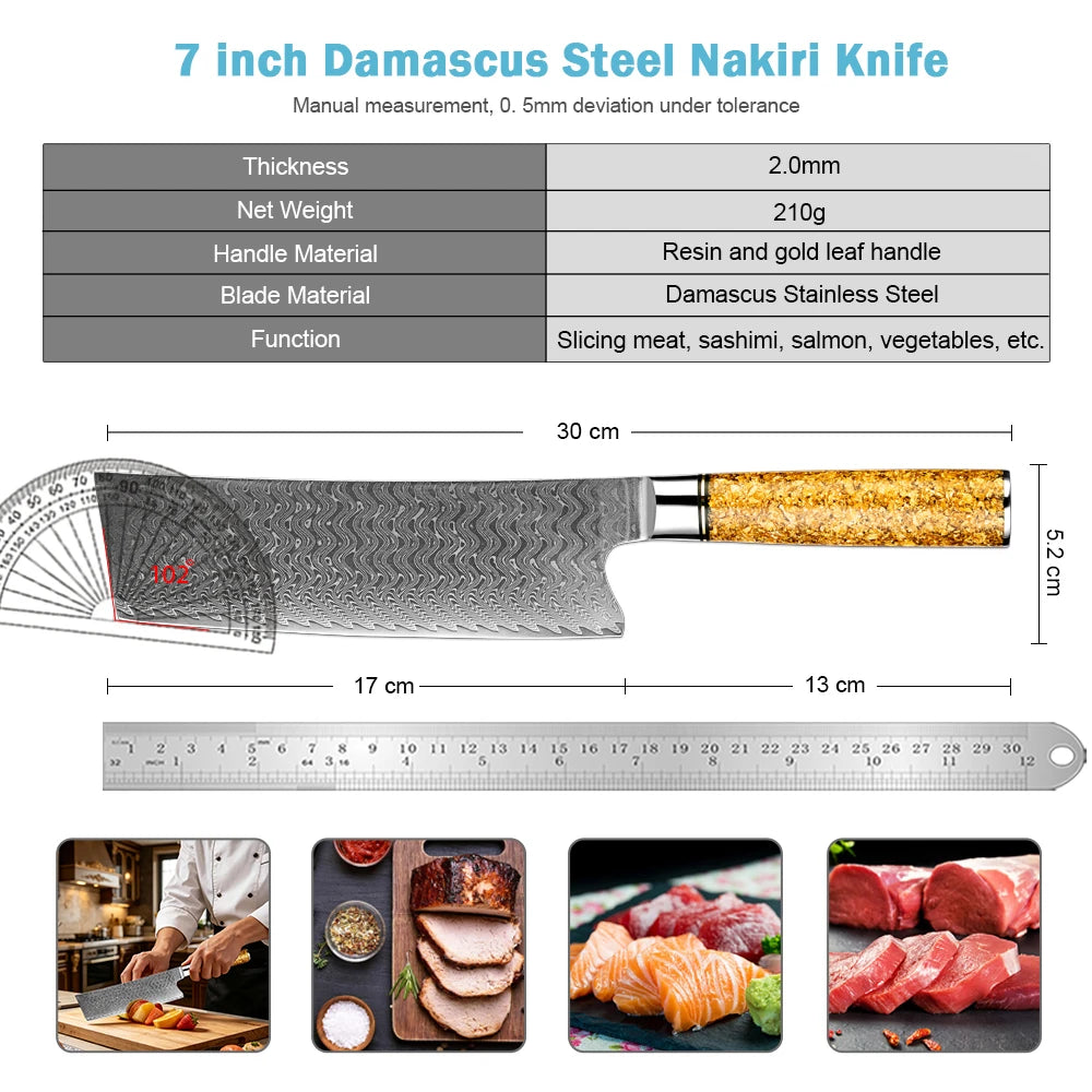 XITUO 7" Damascus Nakiri Knife – Gold Leaf Resin Handle Damascus Nakiri Knife Qst
