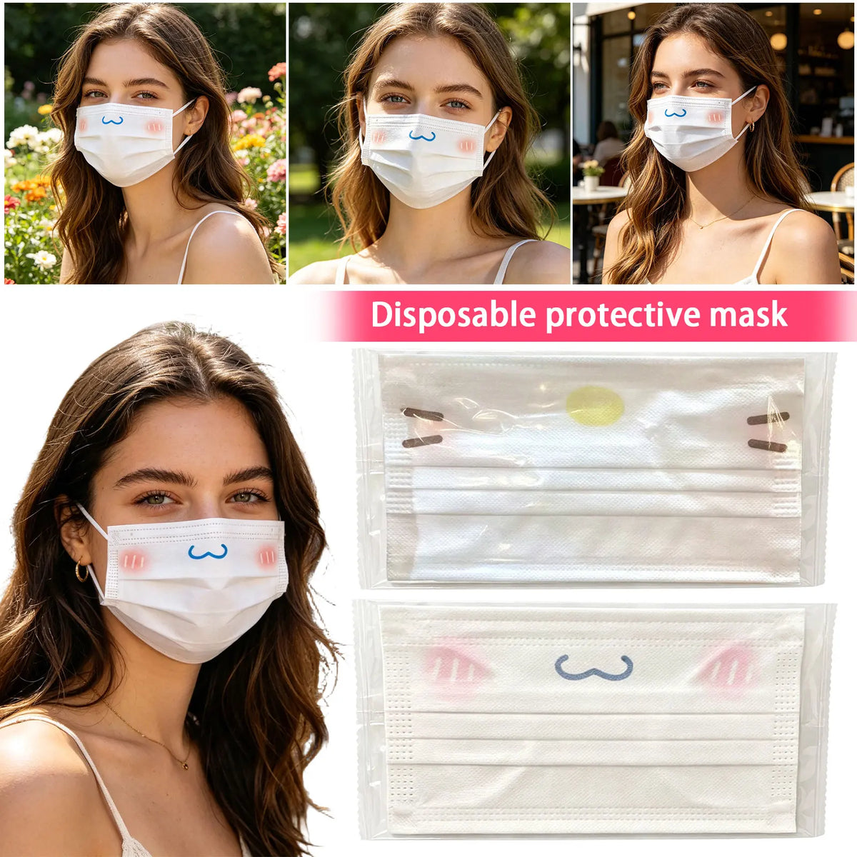 Cute Cartoon Disposable Face Masks – 3-Layer Breathable 10 Pack Disposable Face Mask Qme