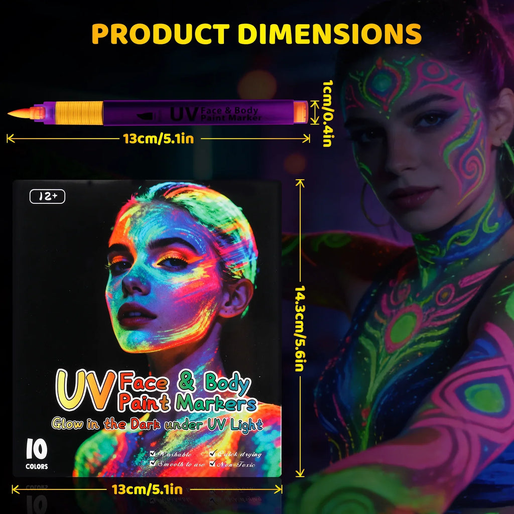 10 UV Glow Neon Face & Body Paint Markers | Black Light Set UV Body Paint Markers Qme 10 colors