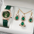 Rose Gold Green Leather Watch & Emerald Crystal Jewelry Set Women's Watch Set Qme Bronze