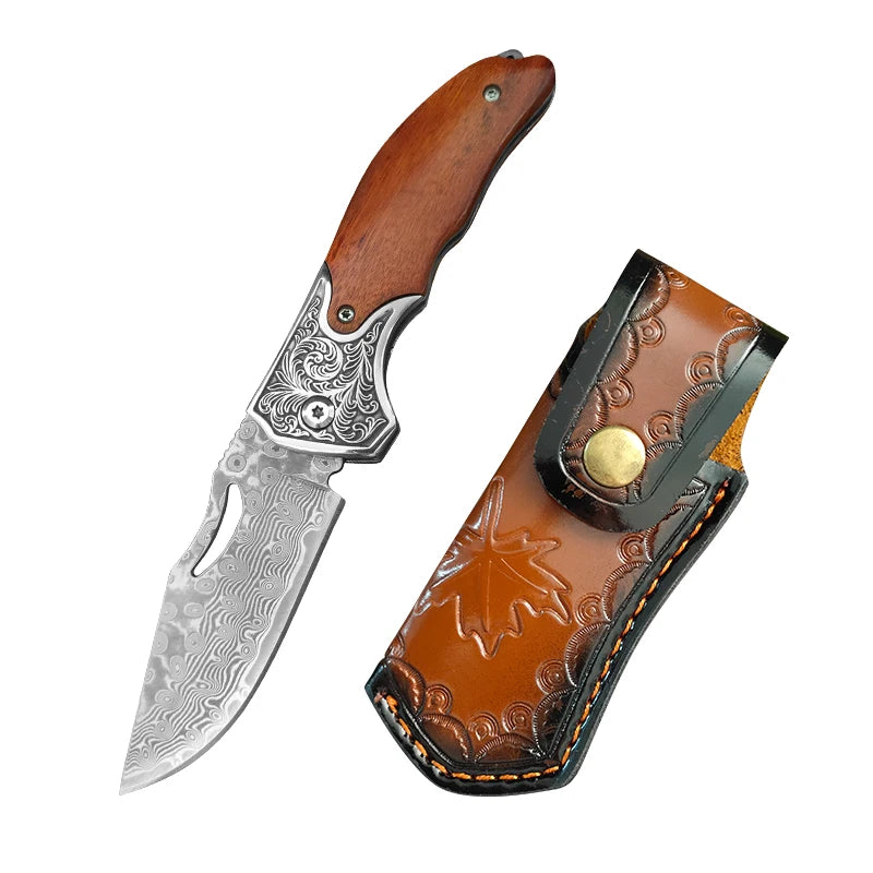 VG10 Damascus Steel Folding Knife – Wood Handle EDC Pocket Knife Damascus Folding Knife Qst Folding Knife CT