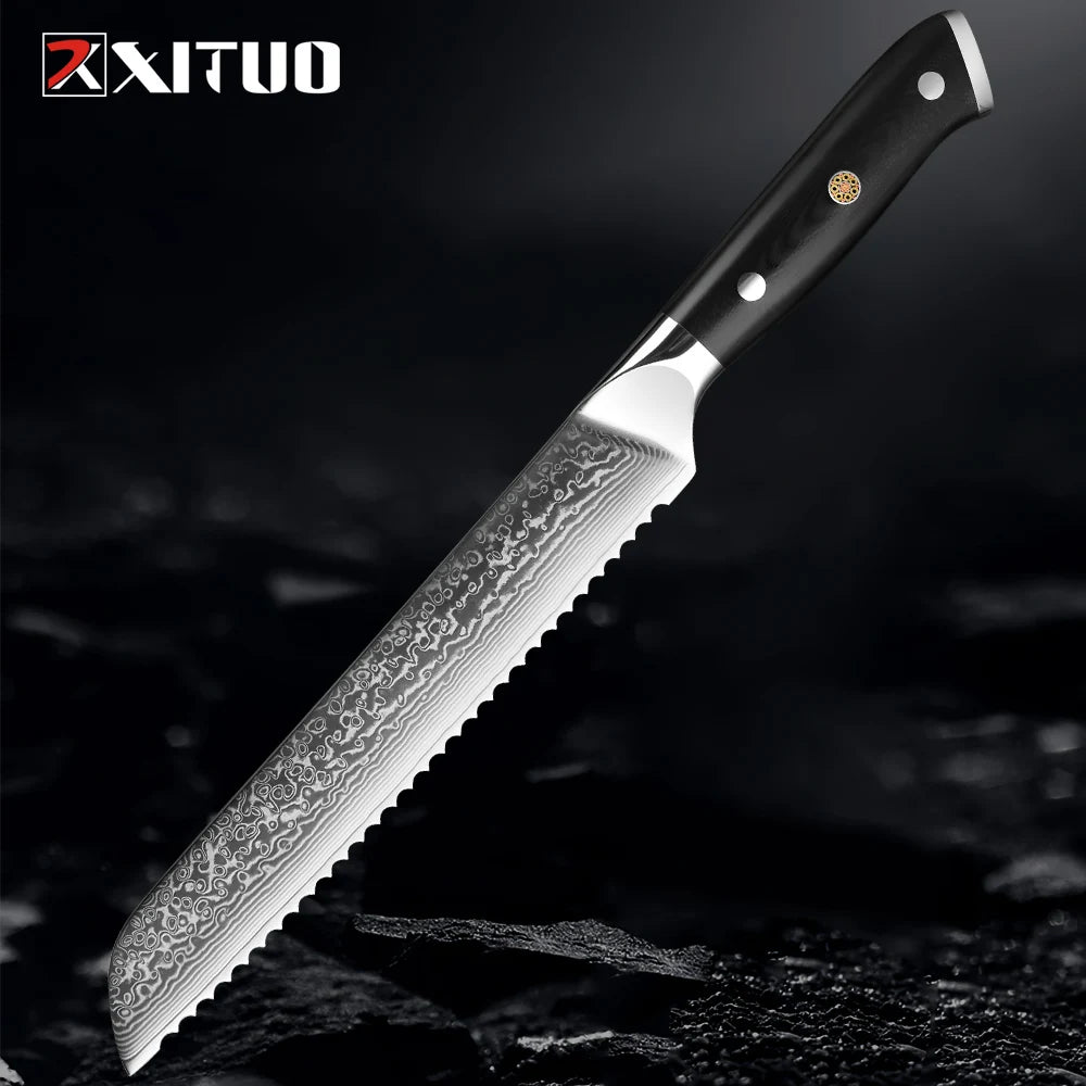 XITUO Damascus Serrated Bread Knife – VG10 Japanese Steel Serrated Bread Knife Qst