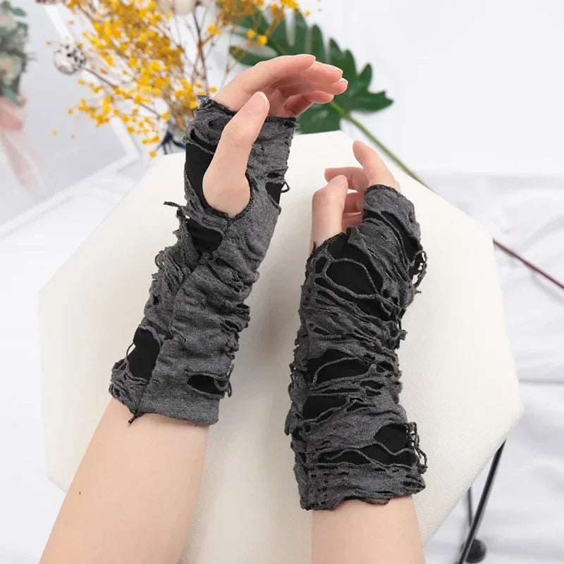Punk Gothic Black Fingerless Gloves – Ripped Slit Unisex Fingerless Gloves Qme