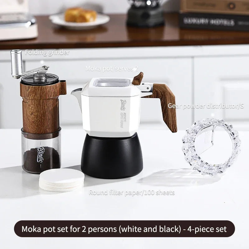 BINCOO 2-Cup Double Valve Moka Pot – Italian Espresso Maker Moka Pot Qst White Black-4pcs