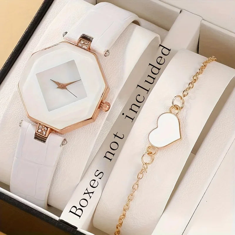 Women's Polygon Quartz Watch PU Leather Heart Bracelet Bracelet Watch Qme White set