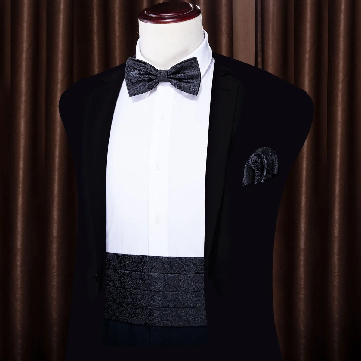 Men's Jacquard Paisley Cummerbund Bow Tie & Pocket Square Set Cummerbund Bow Tie Set Qme