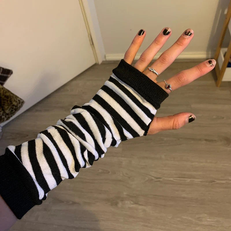 Women's Striped Knitted Elbow Gloves – Long Arm Warmers Knitted Arm Warmers Qme