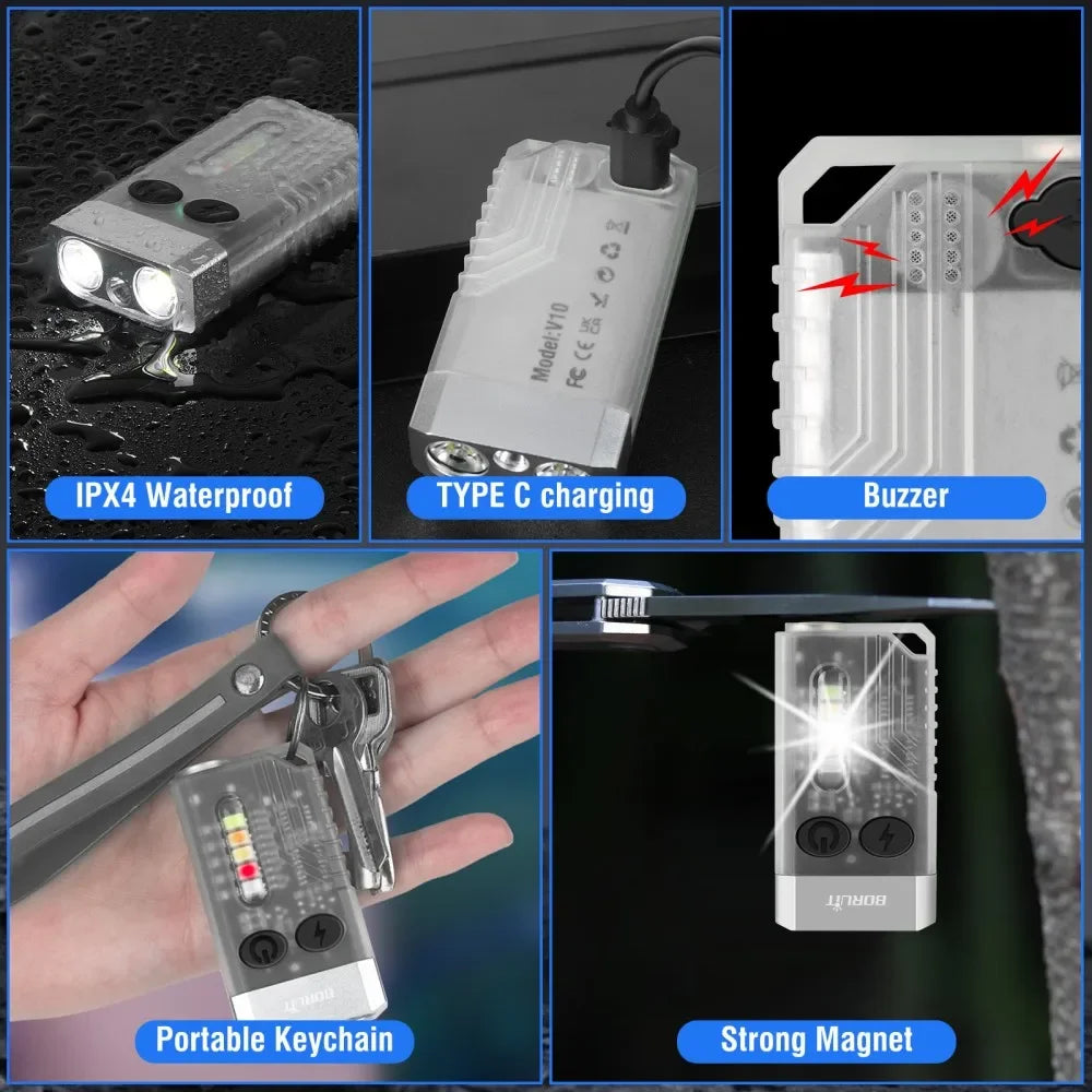 BORUiT V10 1000LM UV LED Keychain Flashlight Type-C Rechargeable EDC Keychain Flashlight Qst