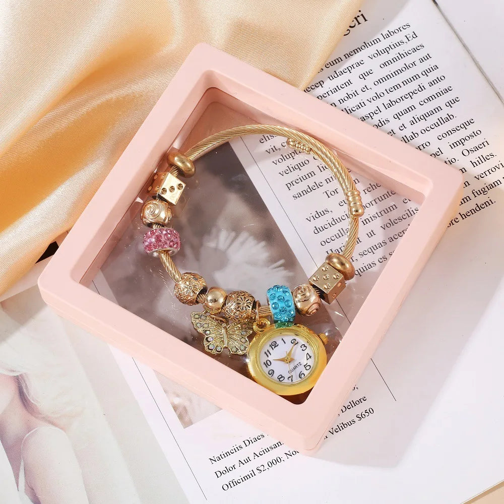 Golden Alloy Bracelet Watch – Quartz Bead Flower Pendant Bracelet Watch Qme