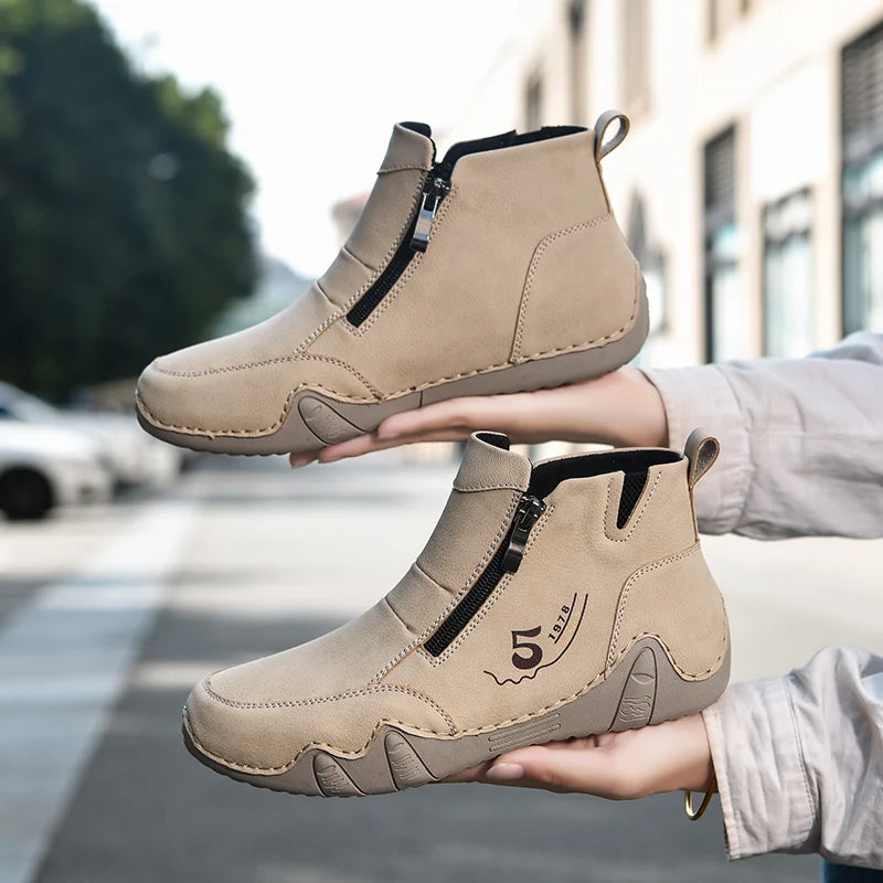 Women's Split Leather Ankle Boots – Flat Zip-Up Casual Boots Women's Ankle Boots Qst Sand color 36