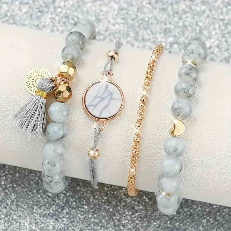 Chic Women's Quartz Watch Marble-Pattern Silicone Strap Set Women's Fashion Watch Qme