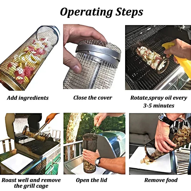 Stainless Steel Cylinder Rolling Grilling Basket | Portable BBQ BBQ Grilling Basket Qme