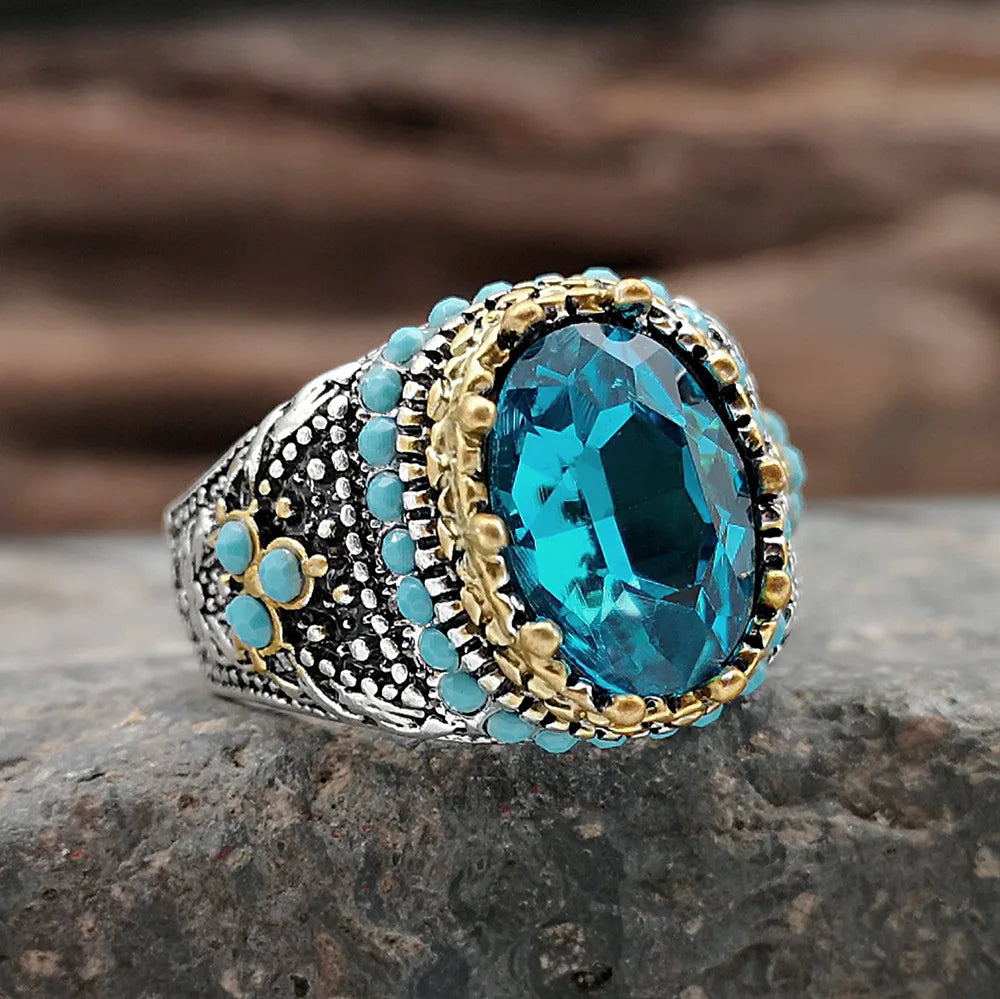 Men's Handmade Turkish Turquoise Gem Ring – Vintage Punk Style Men's Gemstone Ring Qme